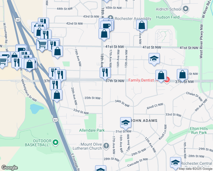 map of restaurants, bars, coffee shops, grocery stores, and more near 1730 37th Street Northwest in Rochester