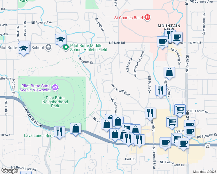 map of restaurants, bars, coffee shops, grocery stores, and more near 1085 Northeast Purcell Boulevard in Bend
