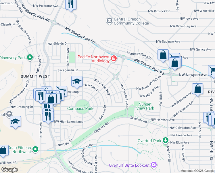 map of restaurants, bars, coffee shops, grocery stores, and more near 2487 Northwest Crossing Drive in Bend