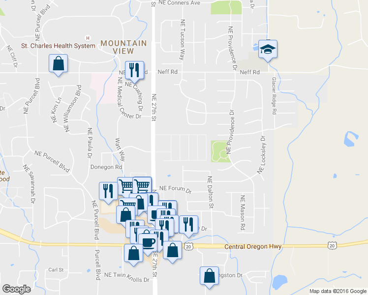 map of restaurants, bars, coffee shops, grocery stores, and more near 1188 Northeast 27th Street in Bend