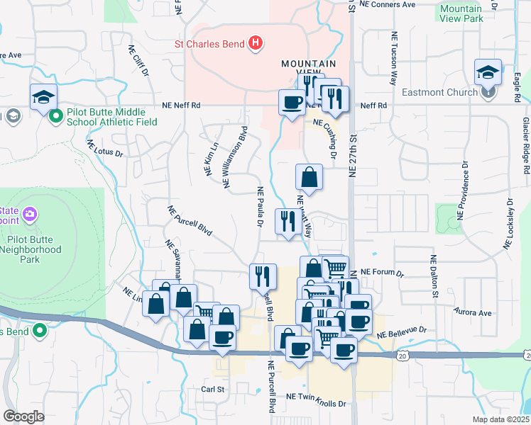 map of restaurants, bars, coffee shops, grocery stores, and more near 1060 Northeast Paula Drive in Bend