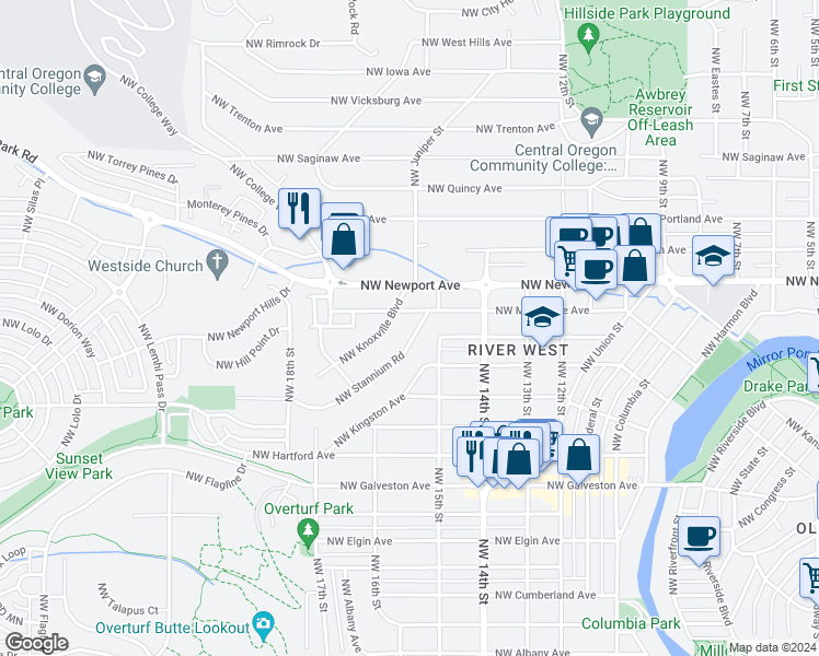 map of restaurants, bars, coffee shops, grocery stores, and more near 1227 Northwest Stannium Road in Bend
