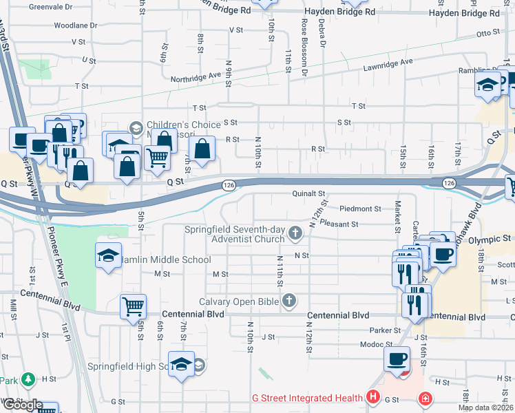 map of restaurants, bars, coffee shops, grocery stores, and more near 1753 10th Street in Springfield