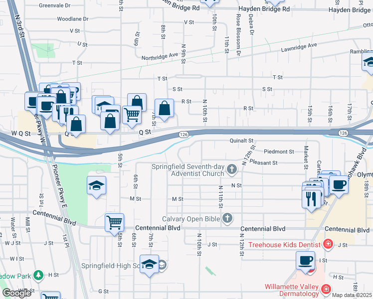 map of restaurants, bars, coffee shops, grocery stores, and more near 975 Quinalt Street in Springfield