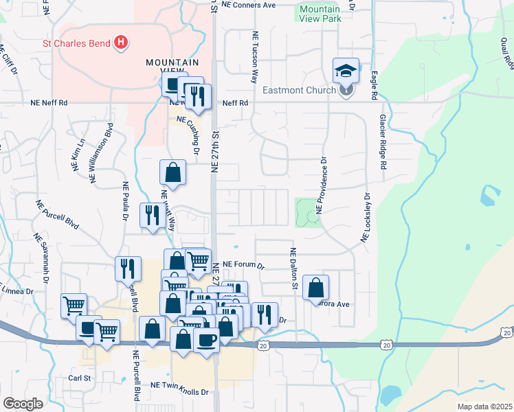 map of restaurants, bars, coffee shops, grocery stores, and more near 1188 Northeast 27th Street in Bend