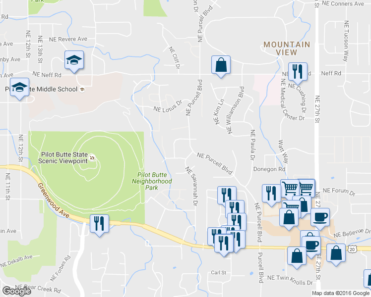 map of restaurants, bars, coffee shops, grocery stores, and more near 1085 Northeast Purcell Boulevard in Bend