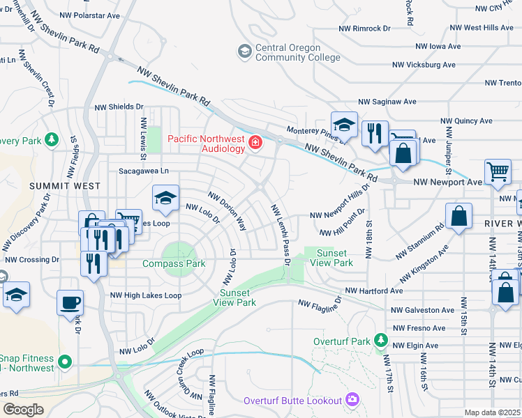 map of restaurants, bars, coffee shops, grocery stores, and more near 2179 Northwest Lemhi Pass Drive in Bend