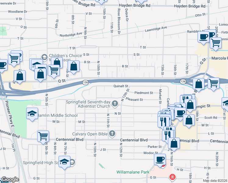 map of restaurants, bars, coffee shops, grocery stores, and more near 1092 Pleasant Street in Springfield