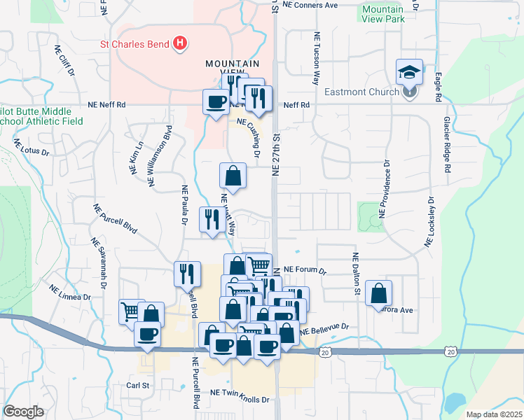 map of restaurants, bars, coffee shops, grocery stores, and more near 2660 Northeast Mary Rose Place in Bend