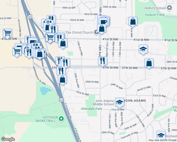 map of restaurants, bars, coffee shops, grocery stores, and more near 1846 37th Street Northwest in Rochester