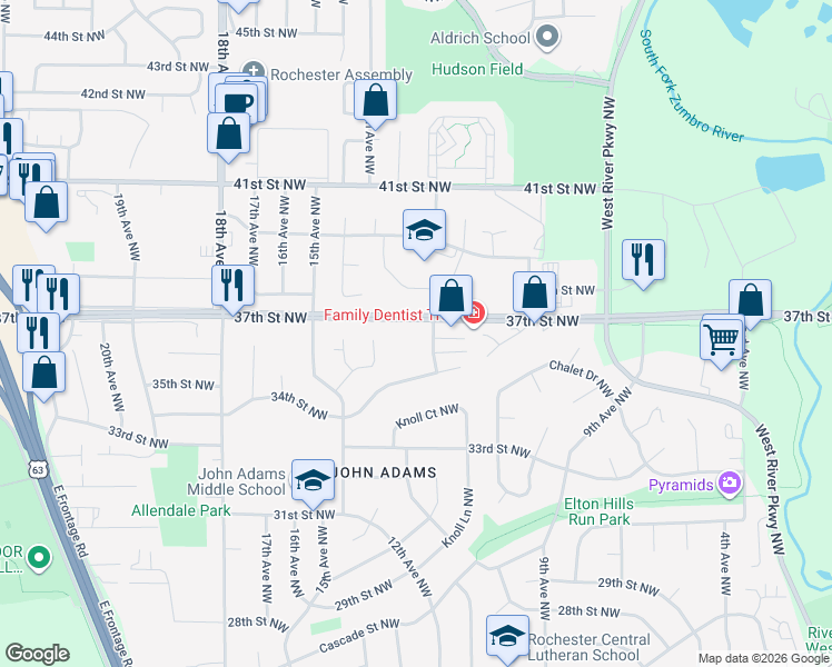 map of restaurants, bars, coffee shops, grocery stores, and more near 1100 37th Street Northwest in Rochester
