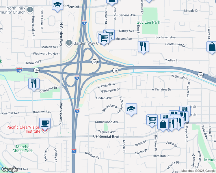 map of restaurants, bars, coffee shops, grocery stores, and more near 1519 West Quinalt Street in Springfield