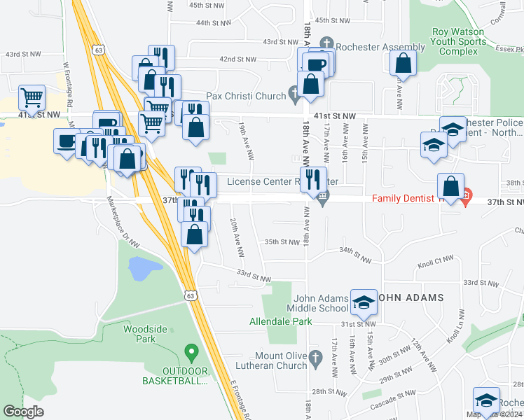 map of restaurants, bars, coffee shops, grocery stores, and more near 1858 37th Street Northwest in Rochester