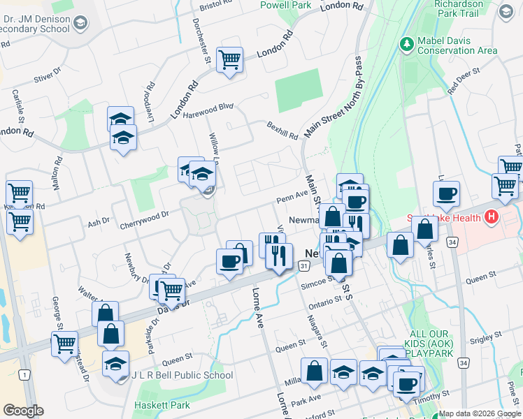 map of restaurants, bars, coffee shops, grocery stores, and more near 81 Denne Boulevard in Newmarket
