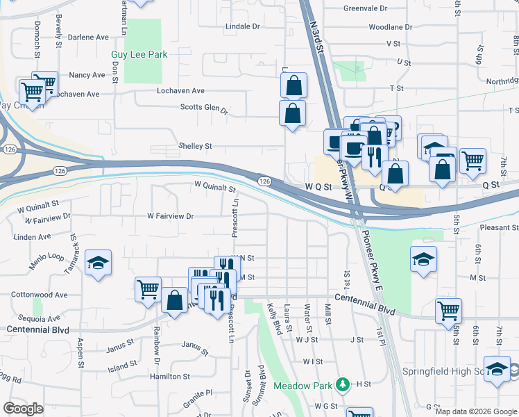 map of restaurants, bars, coffee shops, grocery stores, and more near 424 West Fairview Drive in Springfield