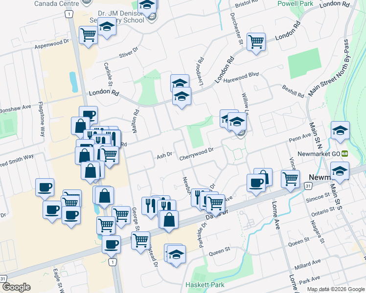 map of restaurants, bars, coffee shops, grocery stores, and more near 132 Harrison Drive in Newmarket