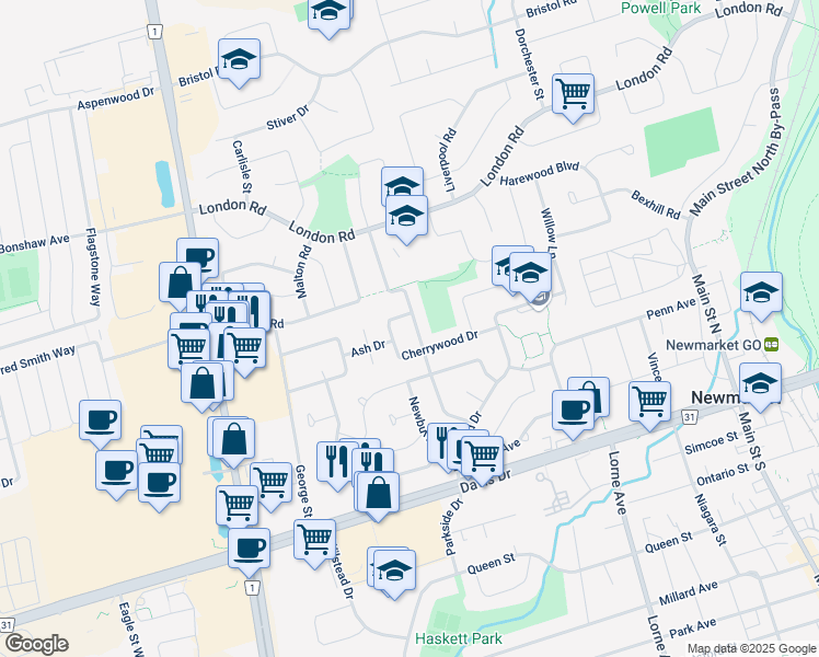 map of restaurants, bars, coffee shops, grocery stores, and more near 132 Harrison Drive in Newmarket