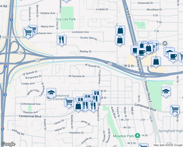 map of restaurants, bars, coffee shops, grocery stores, and more near 658 West Fairview Drive in Springfield