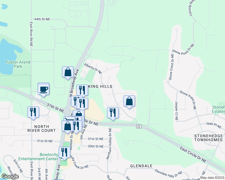 map of restaurants, bars, coffee shops, grocery stores, and more near 3791 Alberta Drive Northeast in Rochester