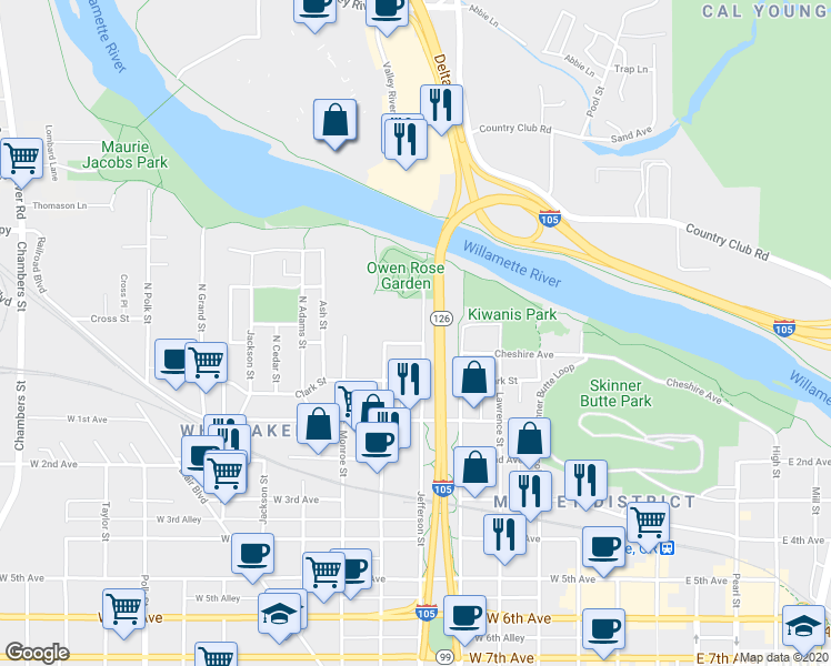 map of restaurants, bars, coffee shops, grocery stores, and more near 116 North Jefferson Street in Eugene