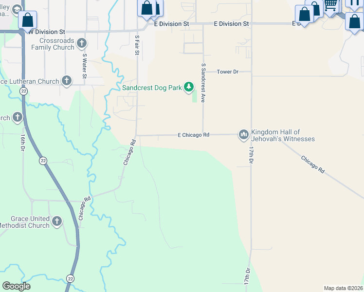 map of restaurants, bars, coffee shops, grocery stores, and more near W8035 East Chicago Road in Wautoma