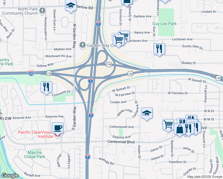 map of restaurants, bars, coffee shops, grocery stores, and more near 1616 West Quinalt Street in Springfield