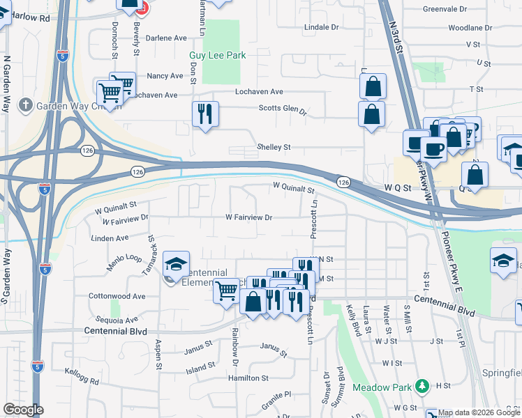 map of restaurants, bars, coffee shops, grocery stores, and more near 722 West Fairview Drive in Springfield