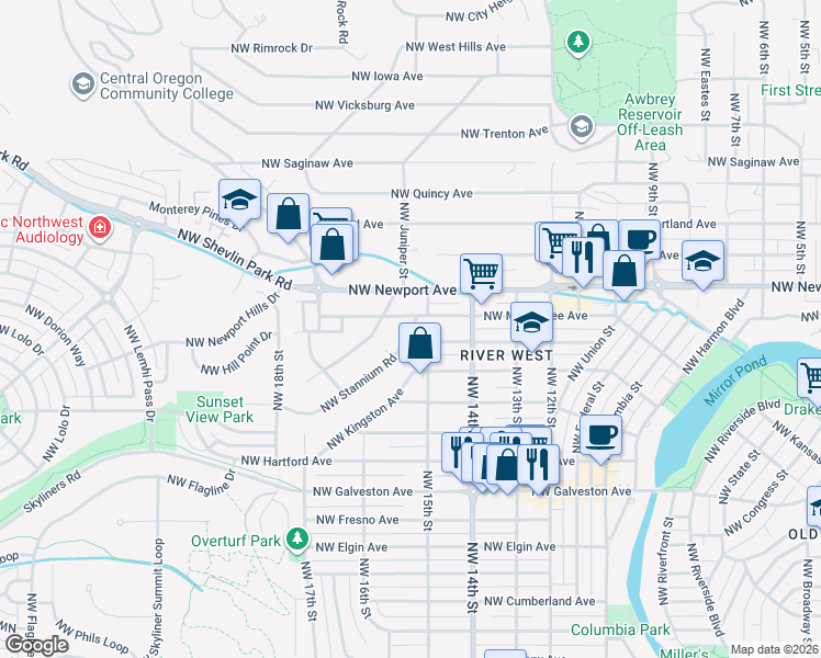 map of restaurants, bars, coffee shops, grocery stores, and more near 1285 Northwest Stannium Road in Bend