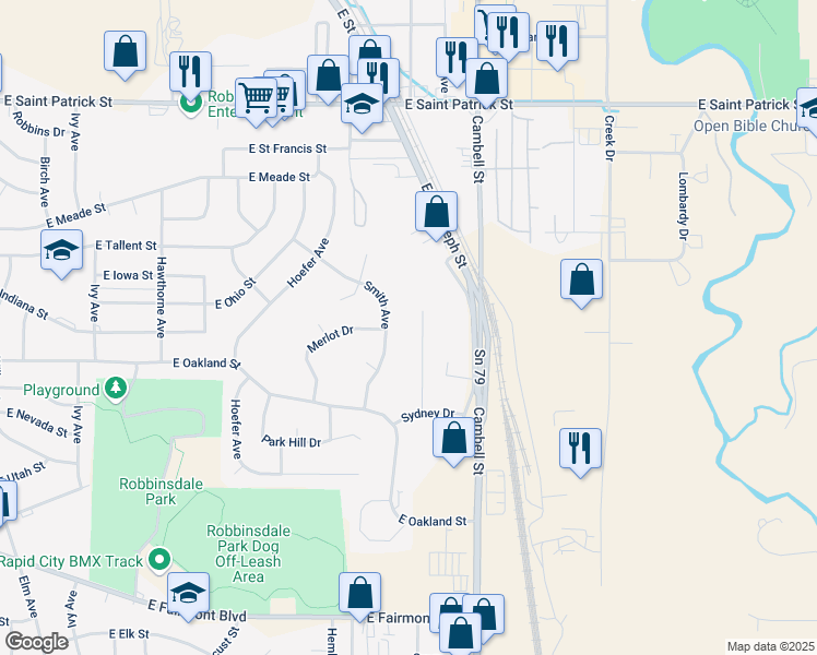 map of restaurants, bars, coffee shops, grocery stores, and more near 2514 Smith Avenue in Rapid City