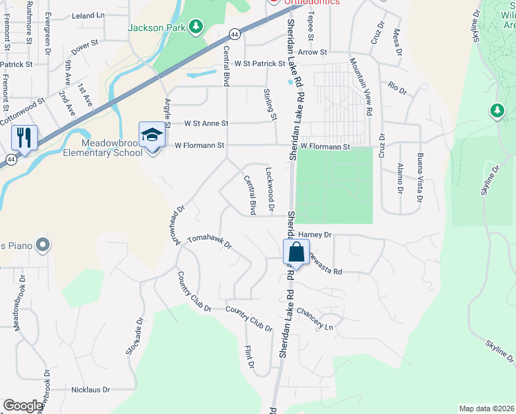 map of restaurants, bars, coffee shops, grocery stores, and more near 2421 Central Boulevard in Rapid City