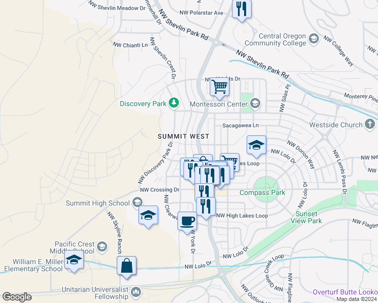 map of restaurants, bars, coffee shops, grocery stores, and more near 1646 Northwest Fields Street in Bend