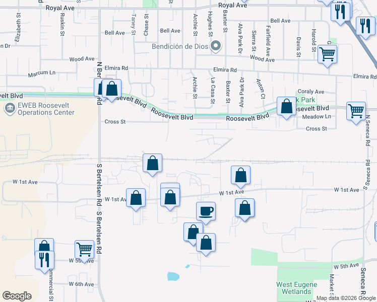 map of restaurants, bars, coffee shops, grocery stores, and more near in Eugene