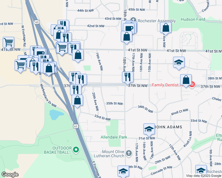 map of restaurants, bars, coffee shops, grocery stores, and more near 1858 37th Street Northwest in Rochester