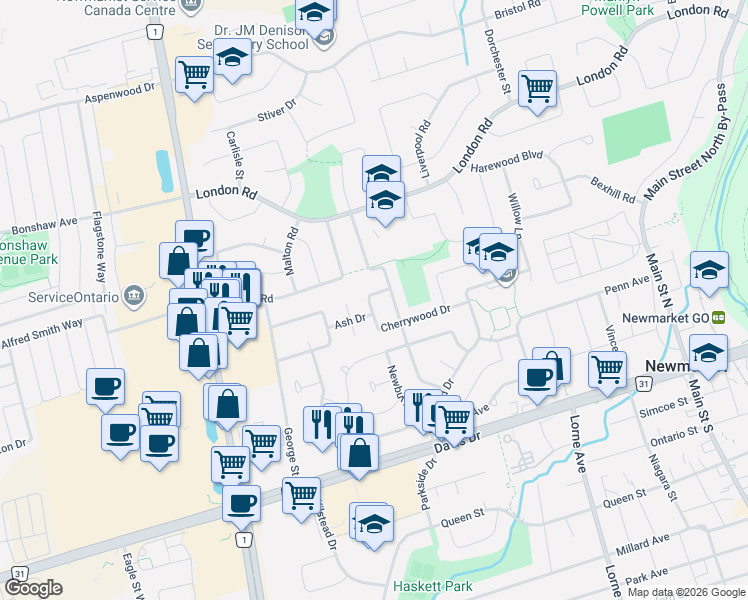 map of restaurants, bars, coffee shops, grocery stores, and more near 107 Cherrywood Drive in Newmarket