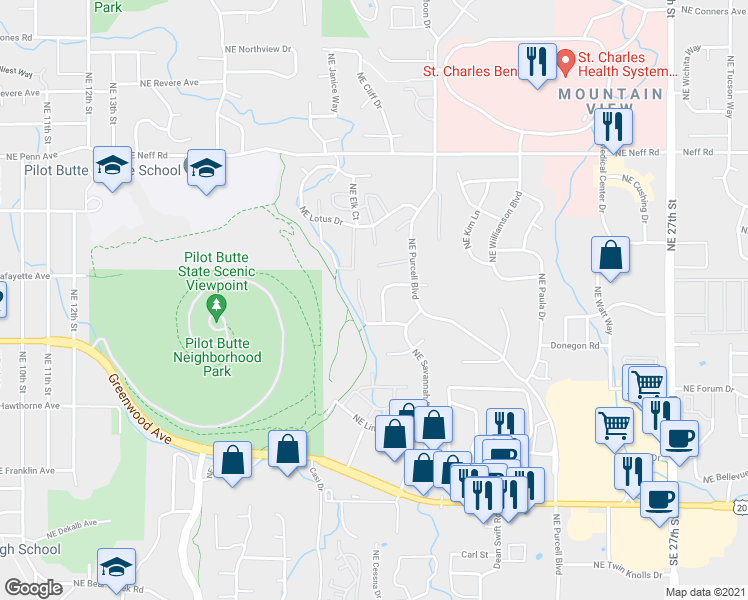 map of restaurants, bars, coffee shops, grocery stores, and more near 1940 Northeast Sams Loop in Bend
