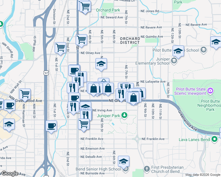 map of restaurants, bars, coffee shops, grocery stores, and more near 1111 Northeast 6th Street in Bend
