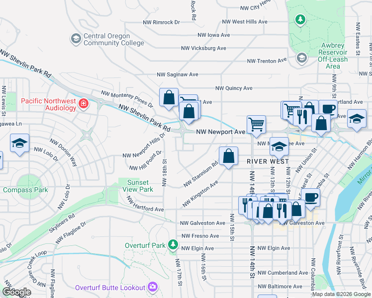 map of restaurants, bars, coffee shops, grocery stores, and more near 1214 Northwest Rockwood Lane in Bend