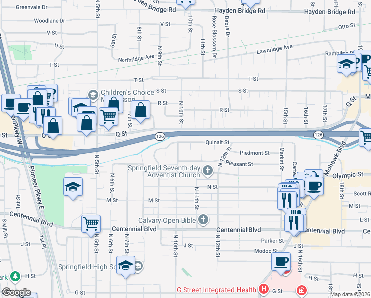 map of restaurants, bars, coffee shops, grocery stores, and more near 1753 10th Street in Springfield