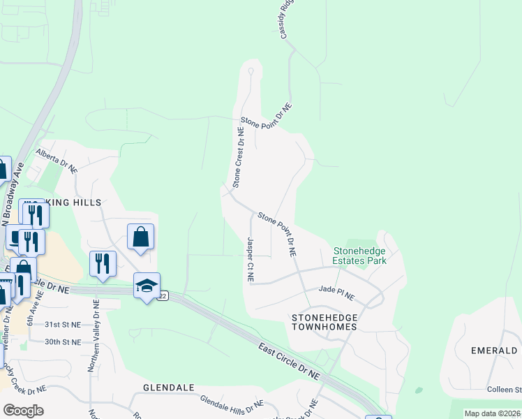 map of restaurants, bars, coffee shops, grocery stores, and more near 3752 Stone Point Drive Northeast in Rochester