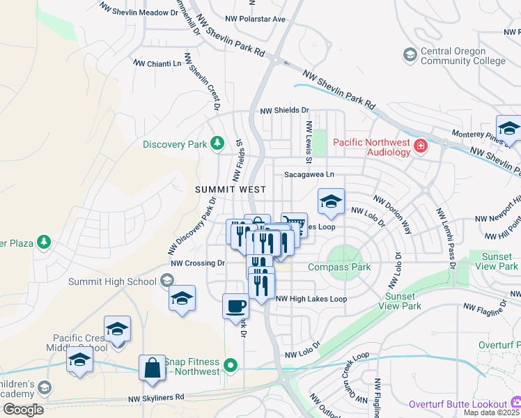 map of restaurants, bars, coffee shops, grocery stores, and more near 1235 Northwest Fort Clatsop Street in Bend