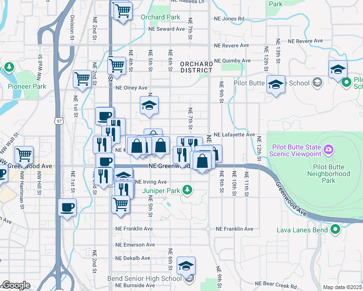 map of restaurants, bars, coffee shops, grocery stores, and more near 654 Northeast Kearney Avenue in Bend
