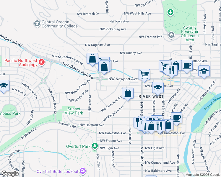 map of restaurants, bars, coffee shops, grocery stores, and more near 1693 Northwest Precision Lane in Bend