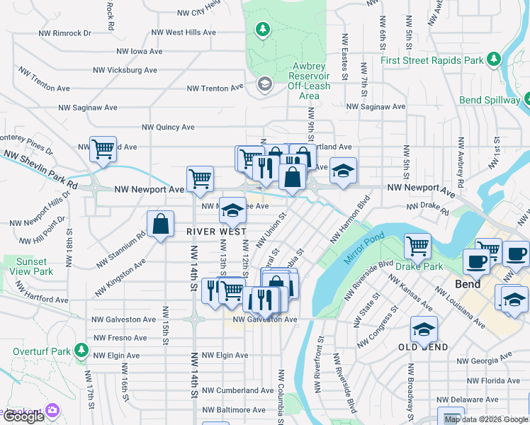 map of restaurants, bars, coffee shops, grocery stores, and more near 1030 Northwest Lexington Avenue in Bend