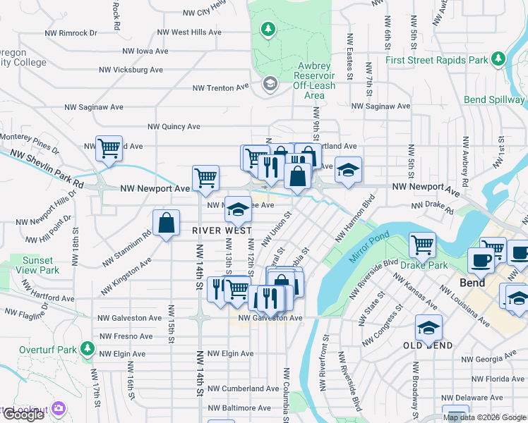 map of restaurants, bars, coffee shops, grocery stores, and more near 1030 Northwest Lexington Avenue in Bend