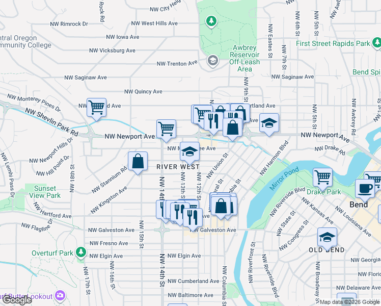 map of restaurants, bars, coffee shops, grocery stores, and more near 1206 Northwest Lexington Avenue in Bend