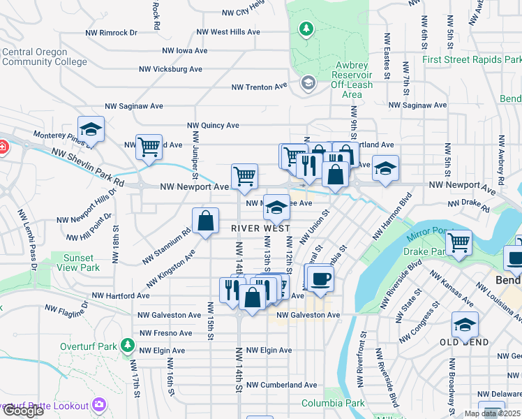 map of restaurants, bars, coffee shops, grocery stores, and more near 1314 Northwest Lexington Avenue in Bend