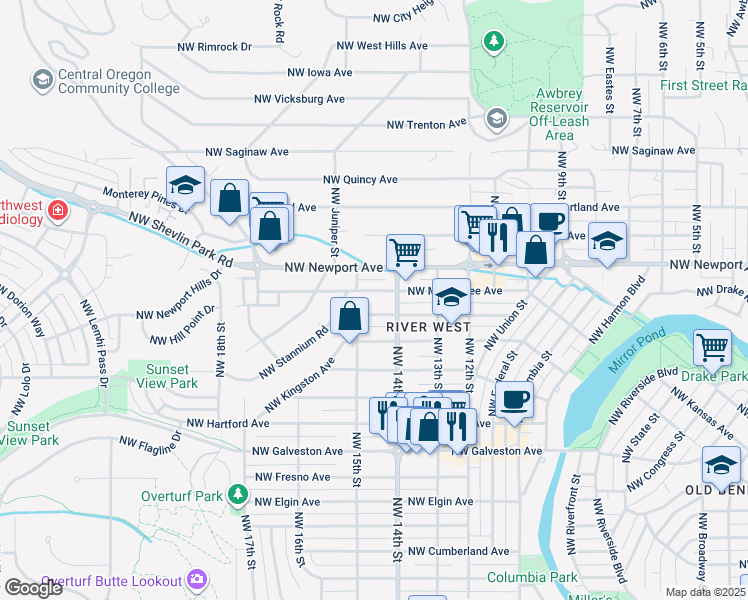 map of restaurants, bars, coffee shops, grocery stores, and more near 1472 Northwest Lexington Avenue in Bend