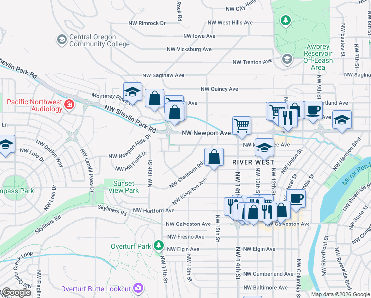 map of restaurants, bars, coffee shops, grocery stores, and more near 1693 Northwest Precision Lane in Bend