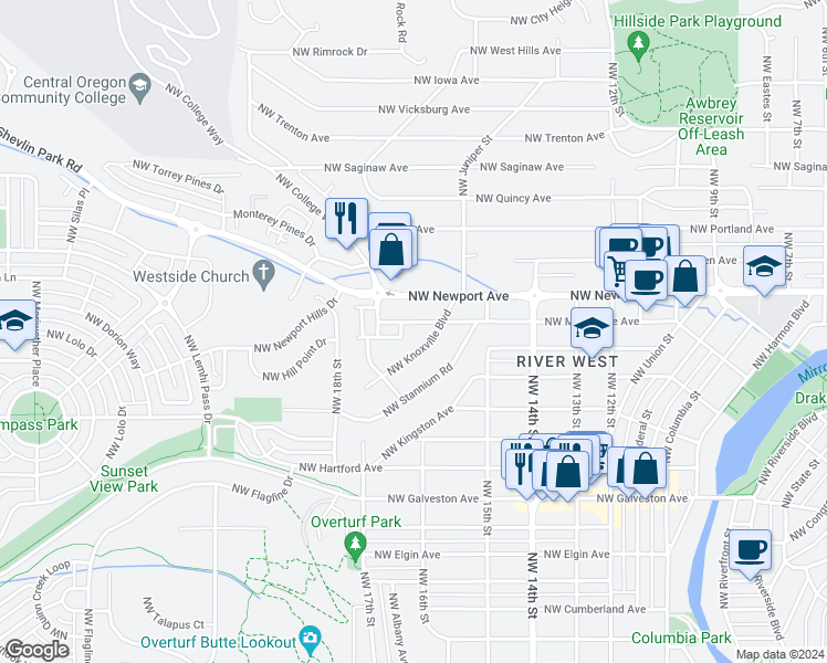 map of restaurants, bars, coffee shops, grocery stores, and more near 1693 Northwest Precision Lane in Bend
