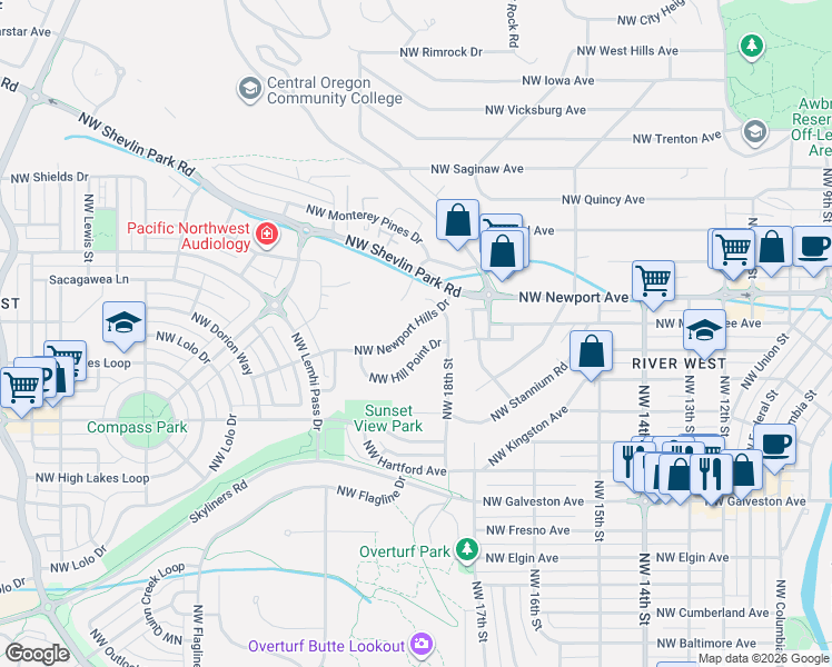 map of restaurants, bars, coffee shops, grocery stores, and more near 1919 Northwest Newport Hills Drive in Bend